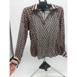 Hale Bob Geometric Print V-Neck Collared Tunic Blouse Women's M Boho Luxe